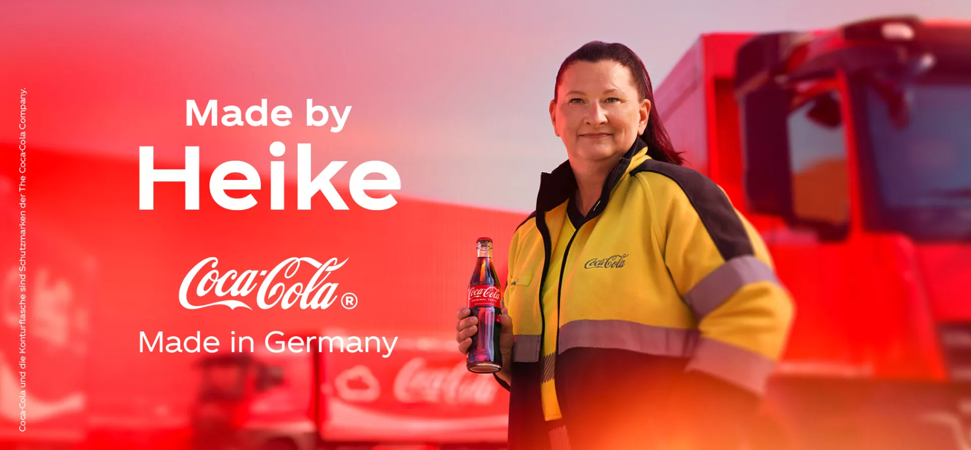 Frau vor einem Coca-Cola Truck, daneben steht "Made by Heike"